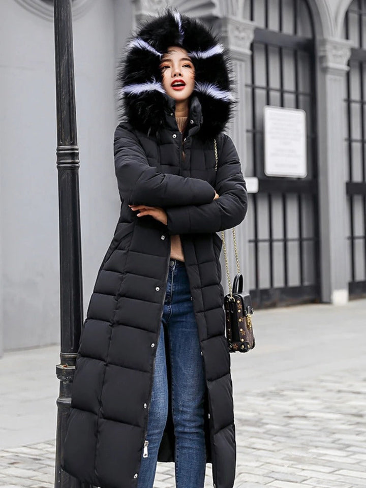 Women's Quilted Long Puffer Coat with Faux Fur Hood