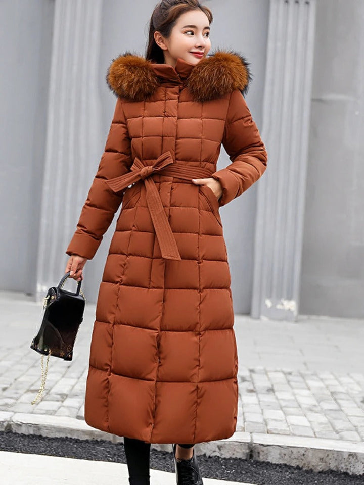 Women's Quilted Long Puffer Coat with Faux Fur Hood
