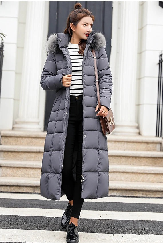 Women's Quilted Long Puffer Coat with Faux Fur Hood