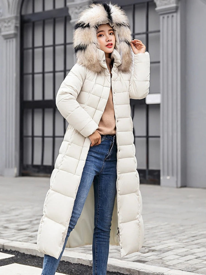 Women's Quilted Long Puffer Coat with Faux Fur Hood