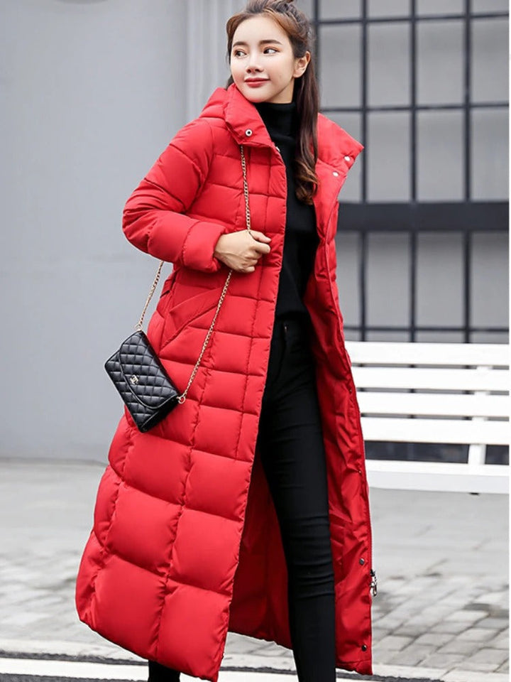 Women's Quilted Long Puffer Coat with Faux Fur Hood