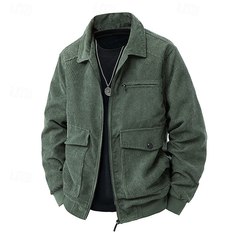 Men's Corduroy Zip-Up Jacket with Flap Pockets