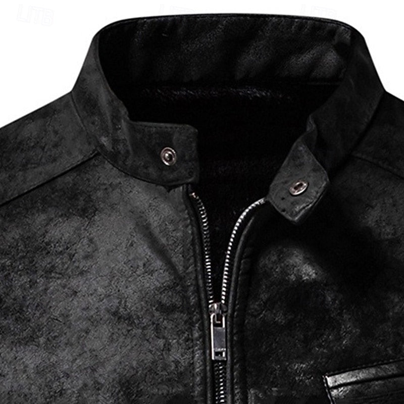 Men's Faux Leather Biker Jacket with Stand Collar