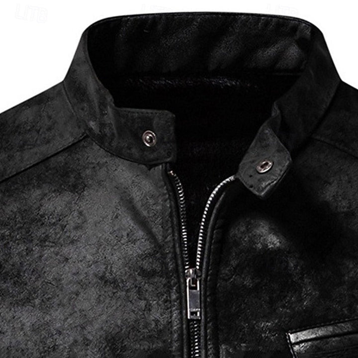 Men's Faux Leather Biker Jacket with Stand Collar