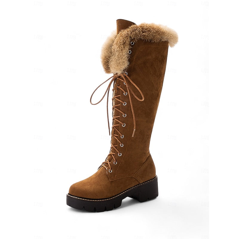 Women's Fur-Trimmed Knee-High Boots with Lace-Up Front