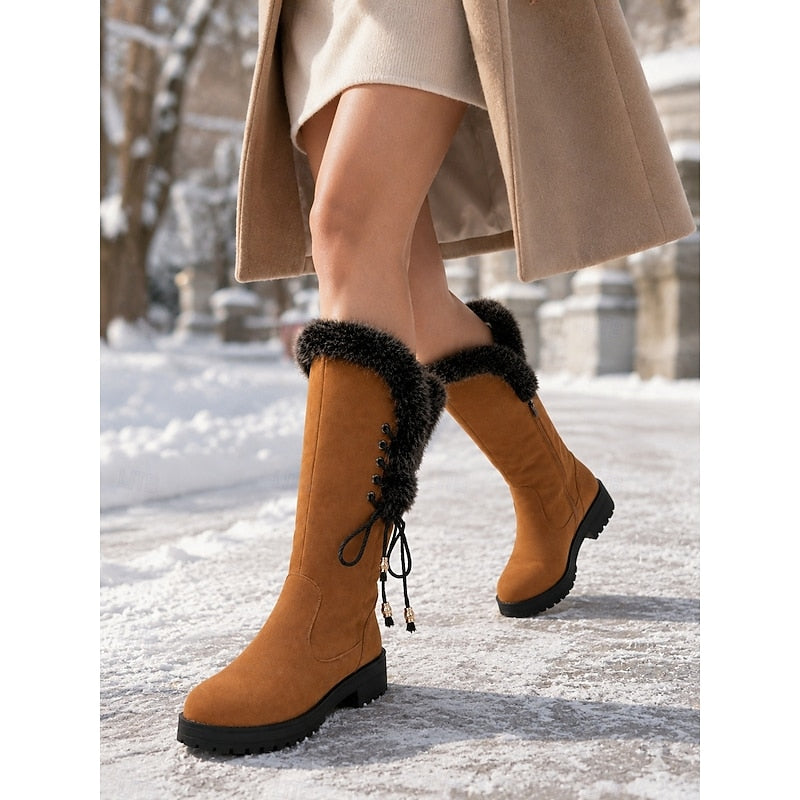 Bottes d’hiver pour femme montant jusqu’au genou, bordées de fourrure, avec détail de laçage
