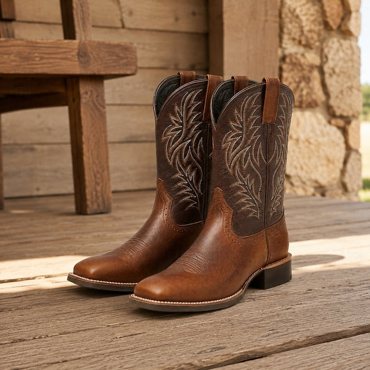 Men's Leather Western Cowboy Boots with Stitched Shaft