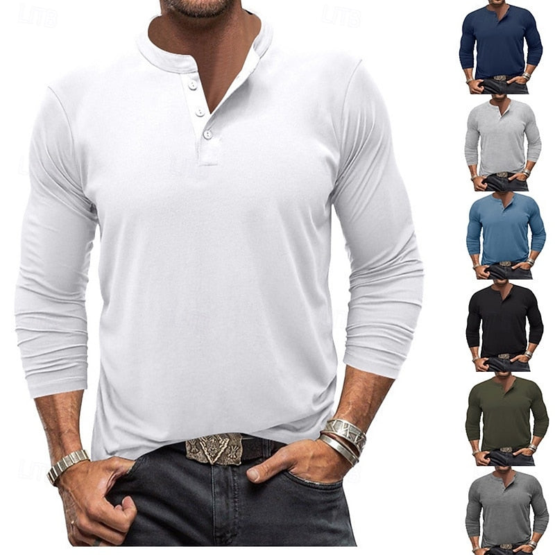 Men's Henley Shirt with Stand Collar Button Placket