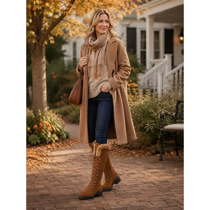 Women's Fur-Trimmed Knee-High Boots with Lace-Up Front