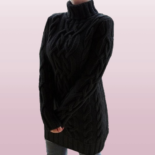 Women's Cable-Knit Turtleneck Mini Dress with Long Sleeves