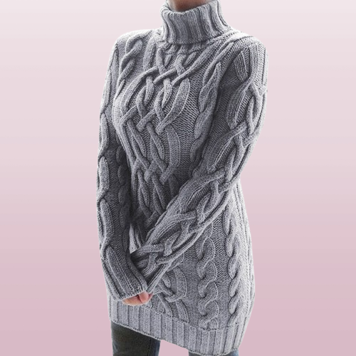 Women's Cable-Knit Turtleneck Mini Dress with Long Sleeves