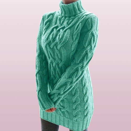 Women's Cable-Knit Turtleneck Mini Dress with Long Sleeves