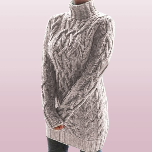 Women's Cable-Knit Turtleneck Mini Dress with Long Sleeves