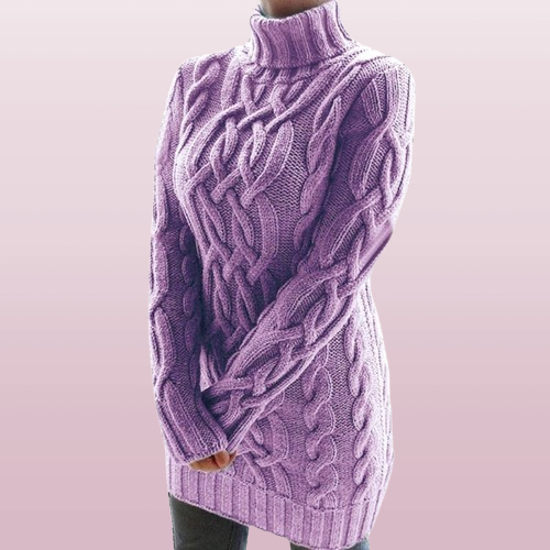 Women's Cable-Knit Turtleneck Mini Dress with Long Sleeves