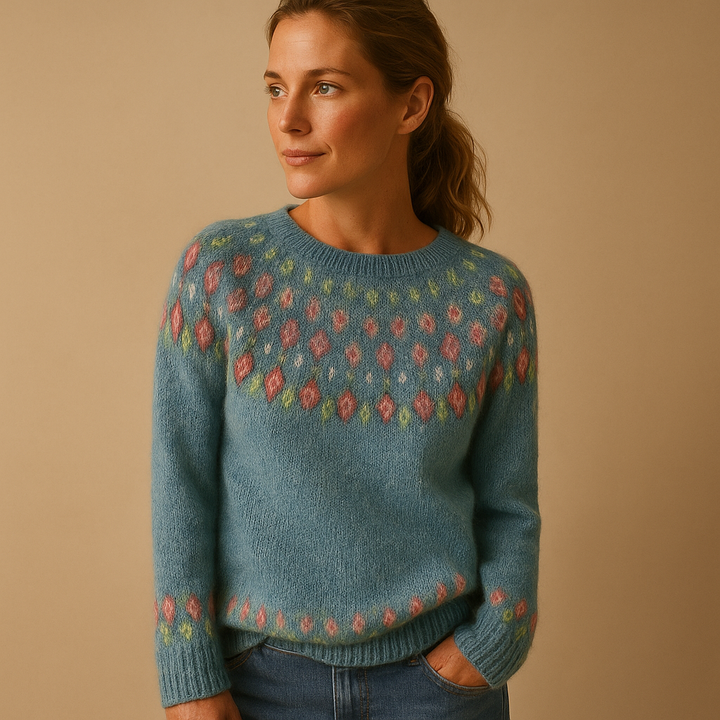 Women's Wool-Blend Patterned Yoke Jumper with Crew Neck