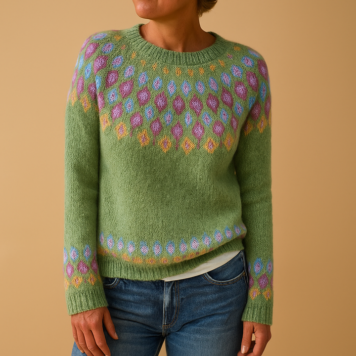 Women's Wool-Blend Patterned Yoke Jumper with Crew Neck