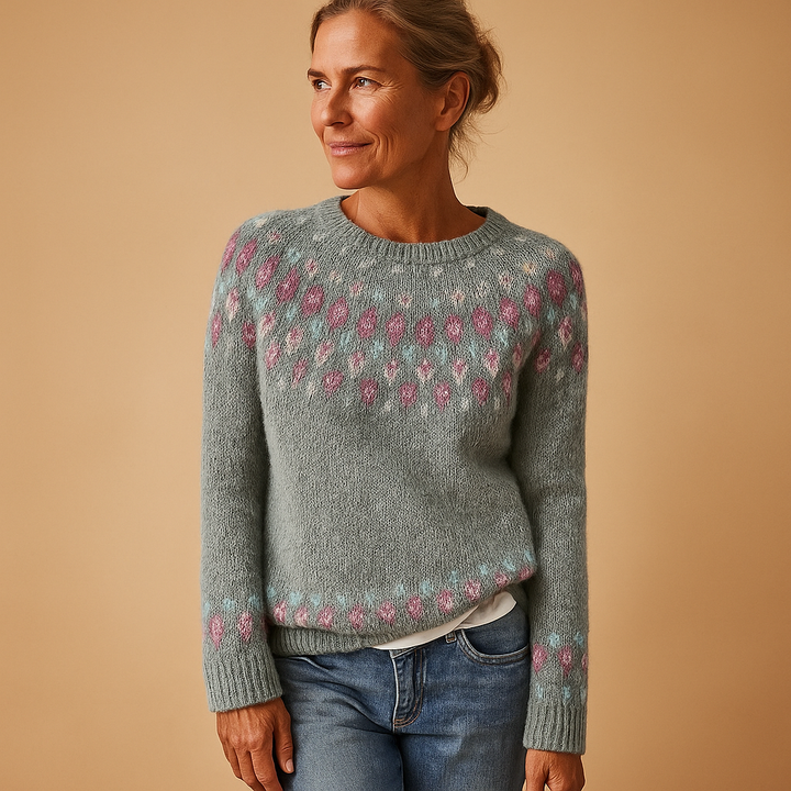 Women's Wool-Blend Patterned Yoke Jumper with Crew Neck