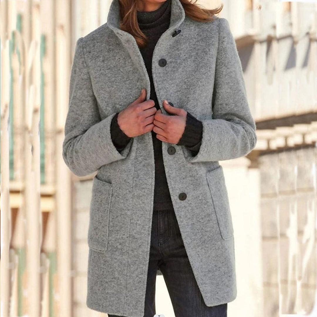 Women's Wool Coat with Stand Collar and Tailored Fit
