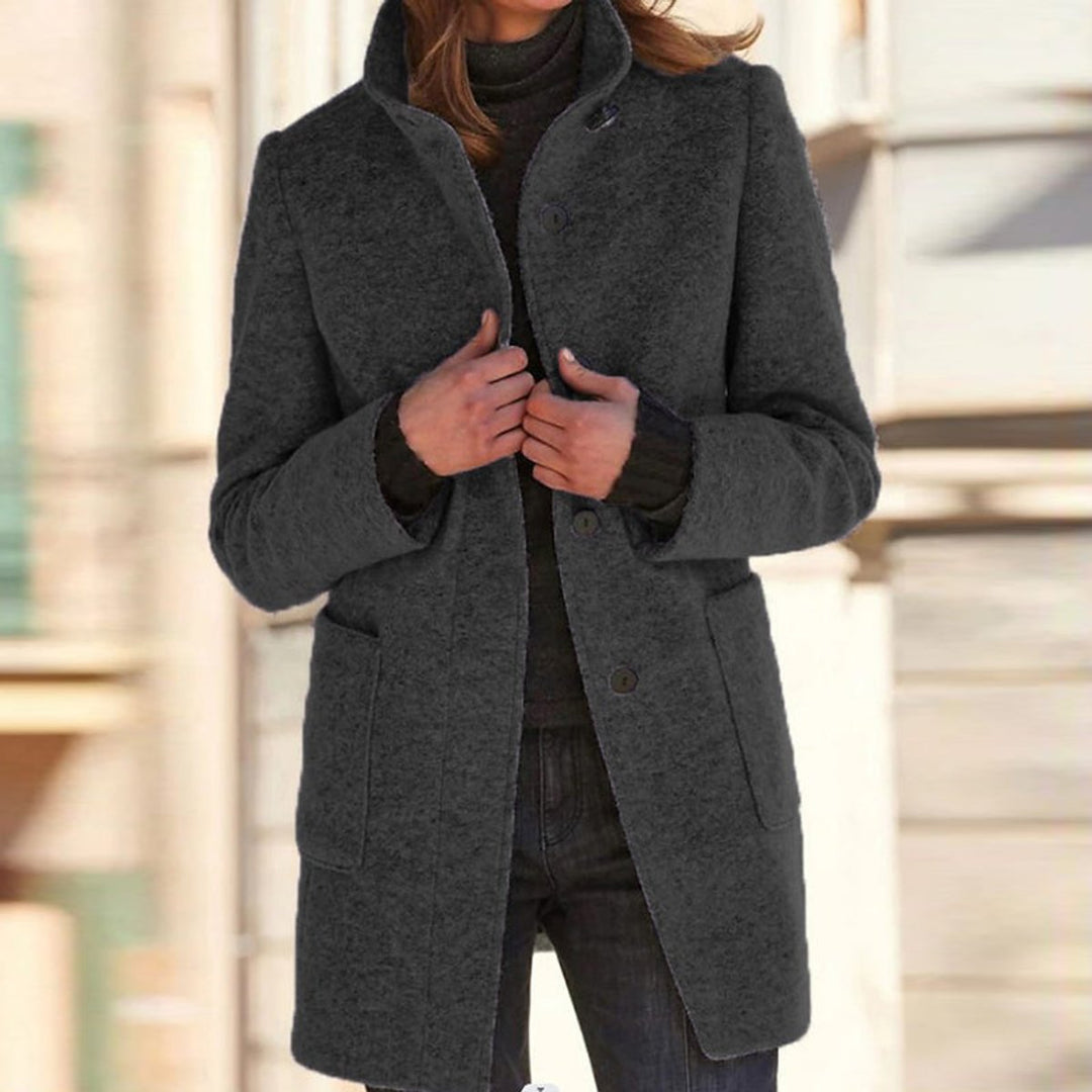 Women's Wool Coat with Stand Collar and Tailored Fit