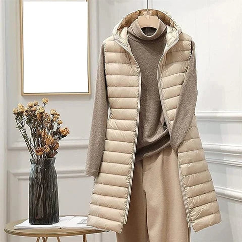 Women's Quilted Longline Gilet with Hood and Zip Front