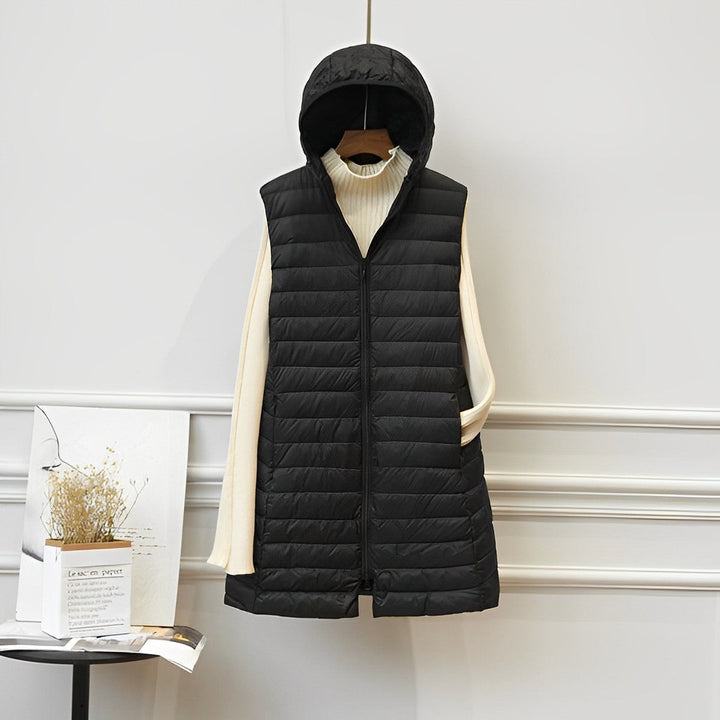 Women's Quilted Longline Gilet with Hood and Zip Front