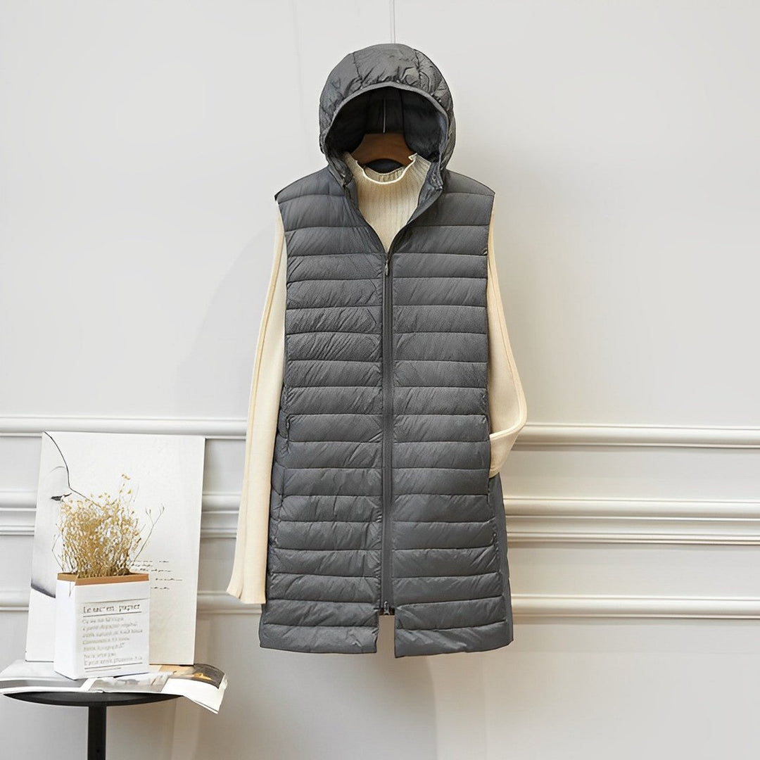 Women's Quilted Longline Gilet with Hood and Zip Front