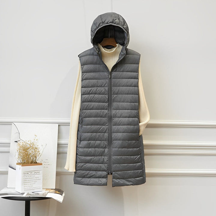 Women's Quilted Longline Gilet with Hood and Zip Front