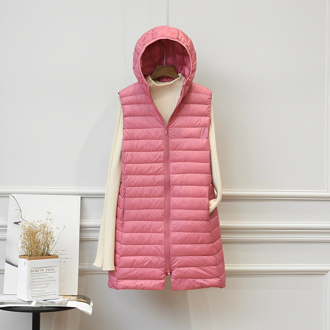 Women's Quilted Longline Gilet with Hood and Zip Front