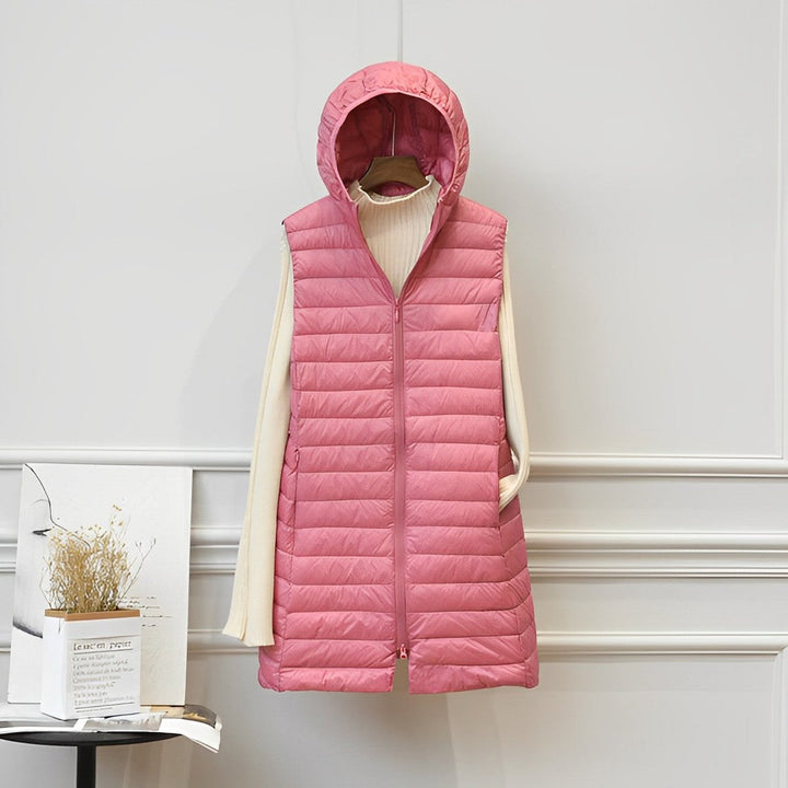 Women's Quilted Longline Gilet with Hood and Zip Front