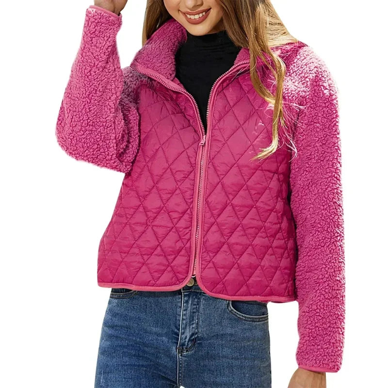 Women's Quilted Puffer Jacket with Fleece Sleeves