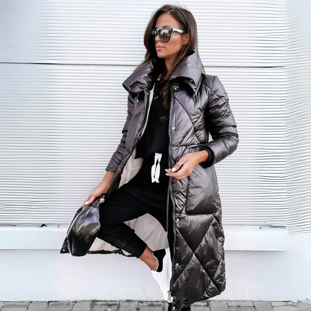 Women's Quilted Longline Puffer Coat with Funnel Collar