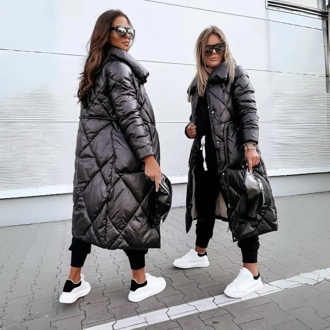 Women's Quilted Longline Puffer Coat with Funnel Collar