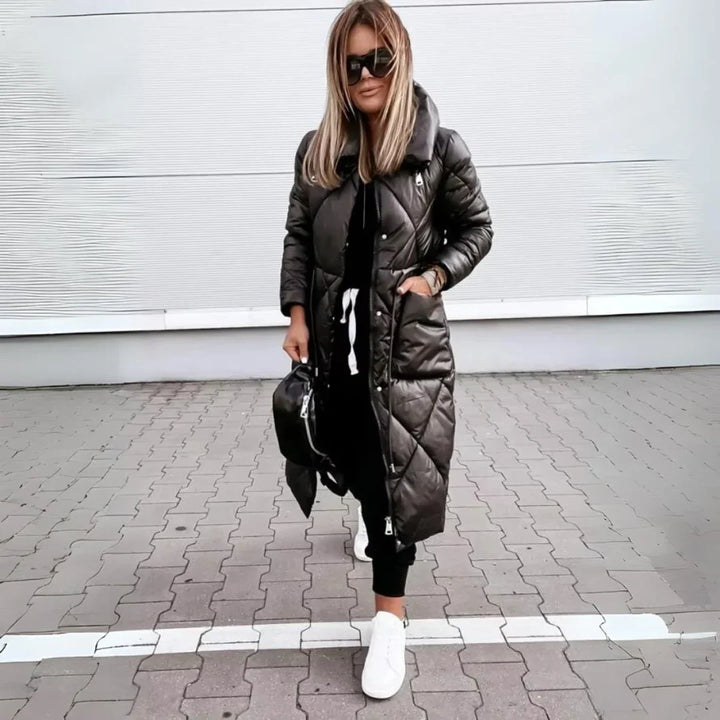 Women's Quilted Longline Puffer Coat with Funnel Collar