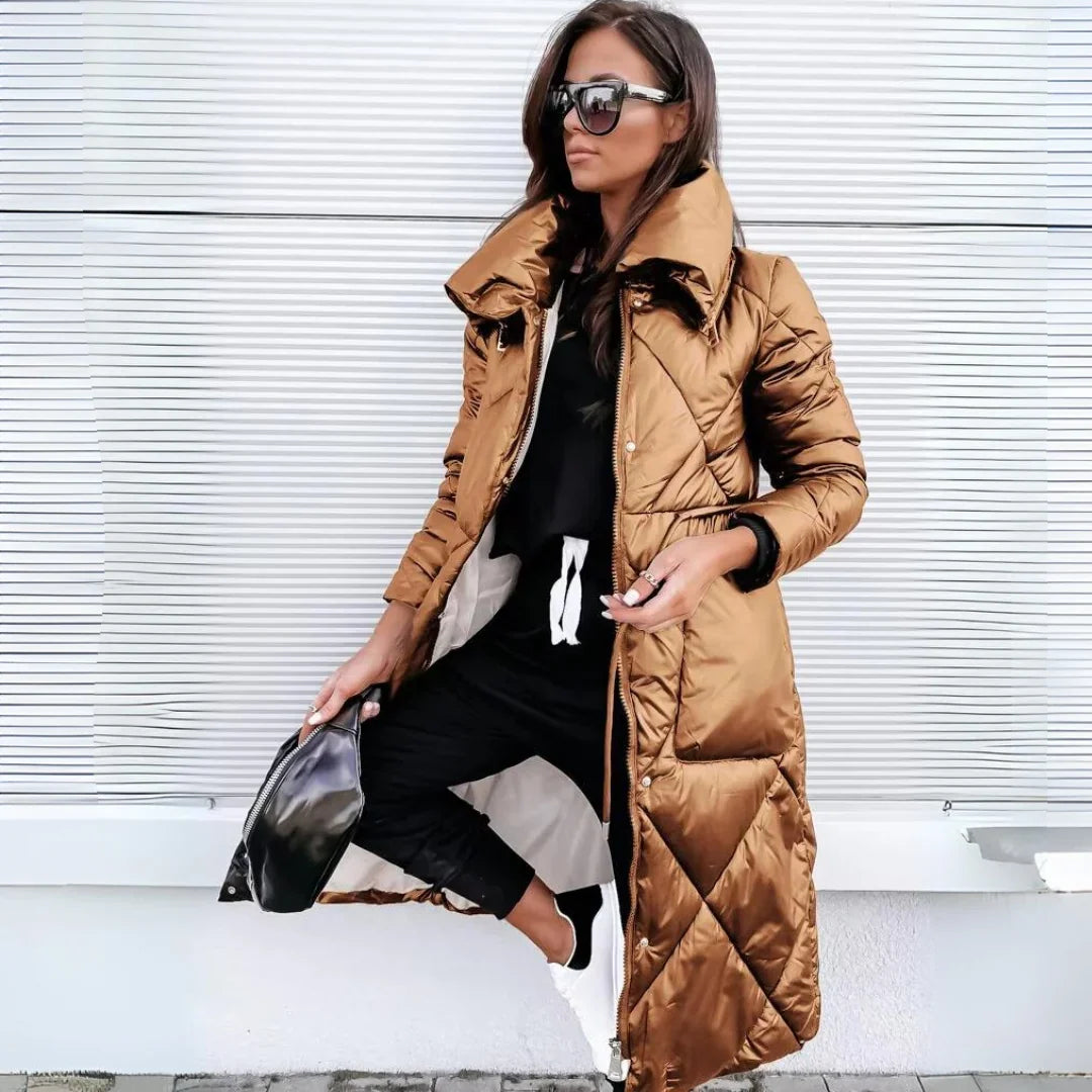 Women's Quilted Longline Puffer Coat with Funnel Collar