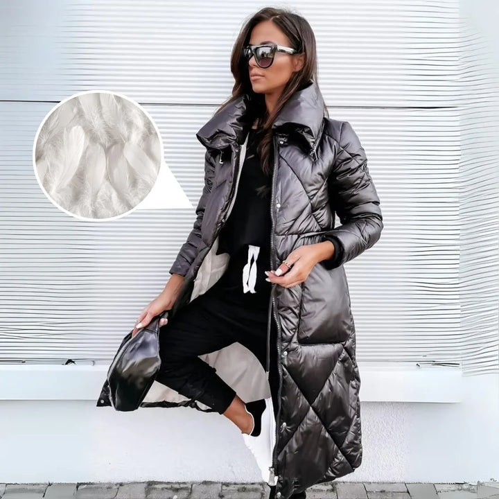 Women's Quilted Longline Puffer Coat with Funnel Collar