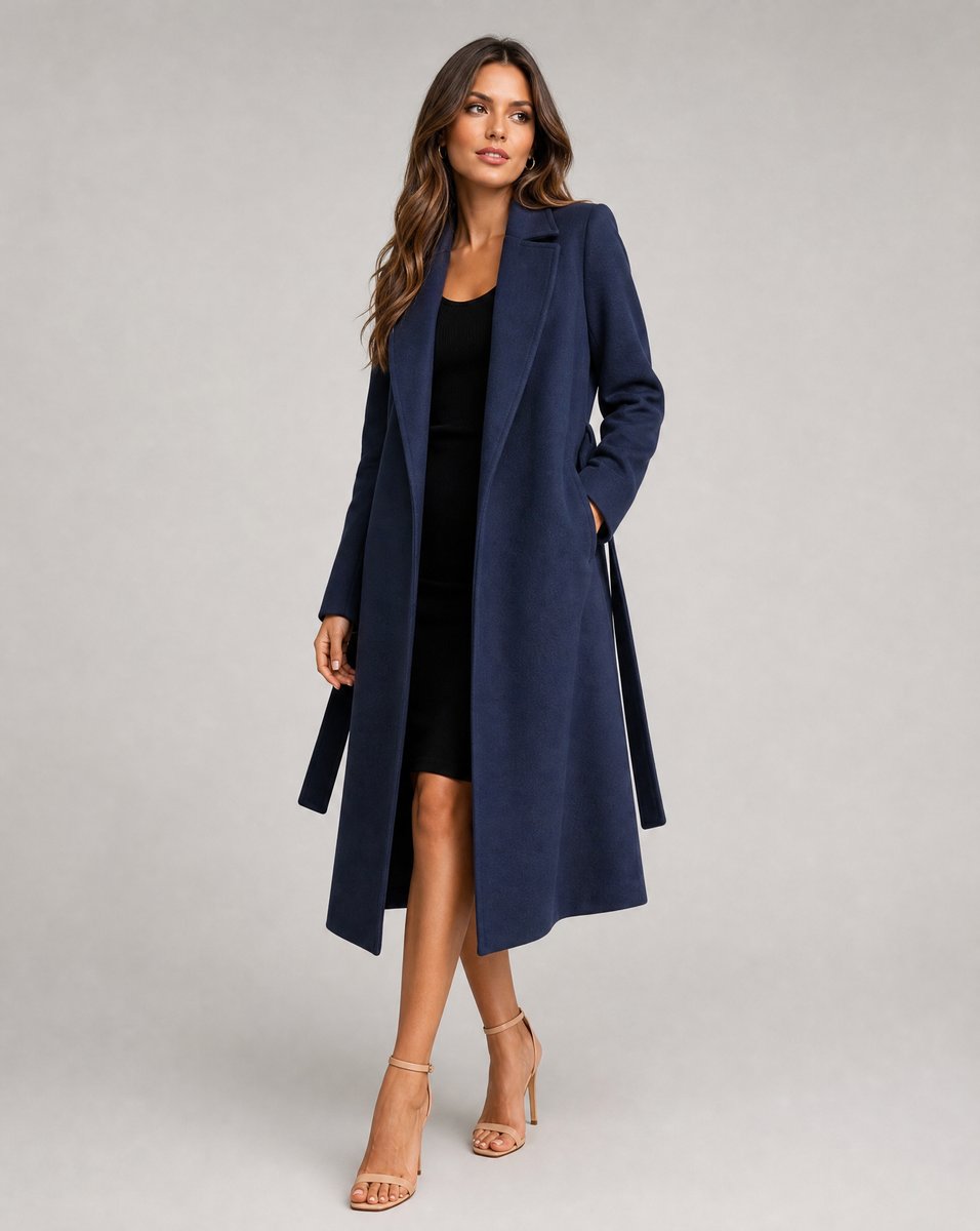 Women's Longline Belted Coat with Notch Lapel