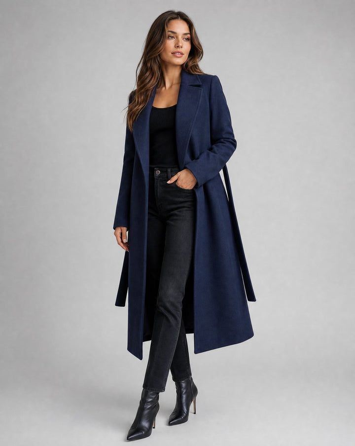Women's Longline Belted Coat with Notch Lapel