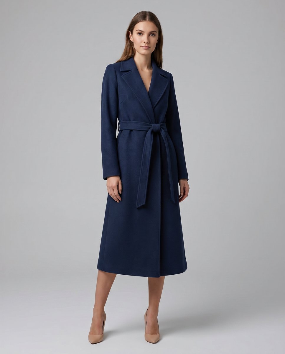 Women's Longline Belted Coat with Notch Lapel