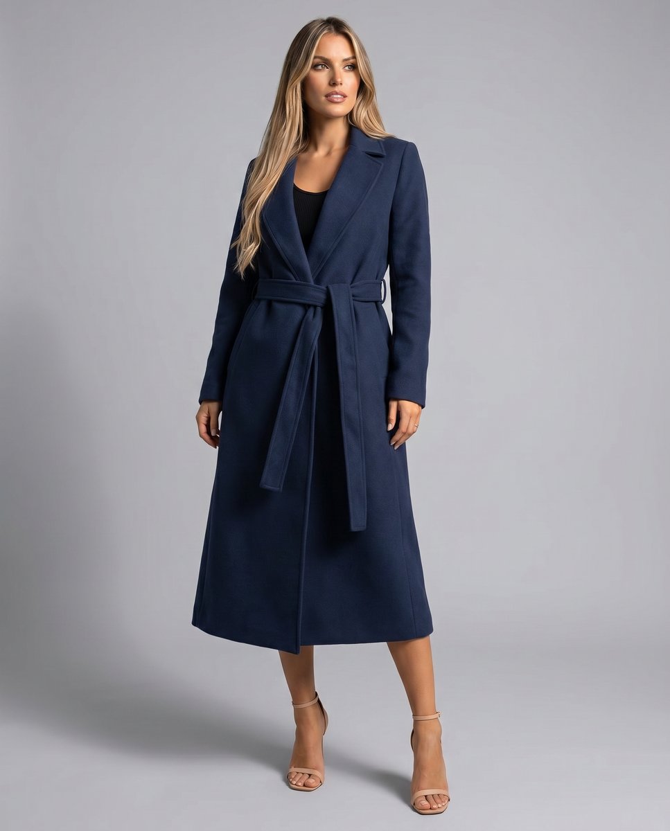 Women's Longline Belted Coat with Notch Lapel