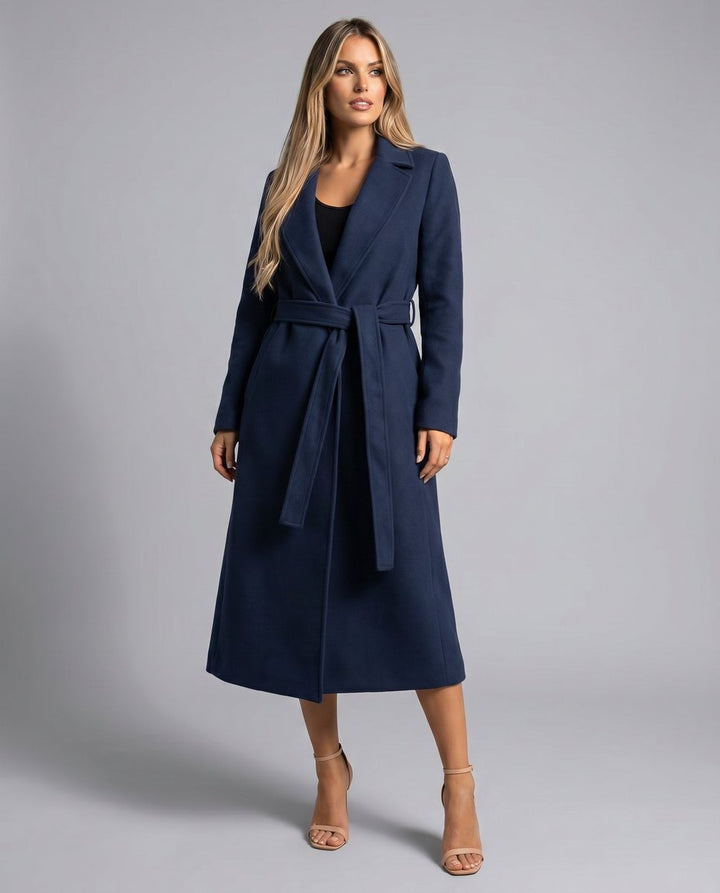 Women's Longline Belted Coat with Notch Lapel
