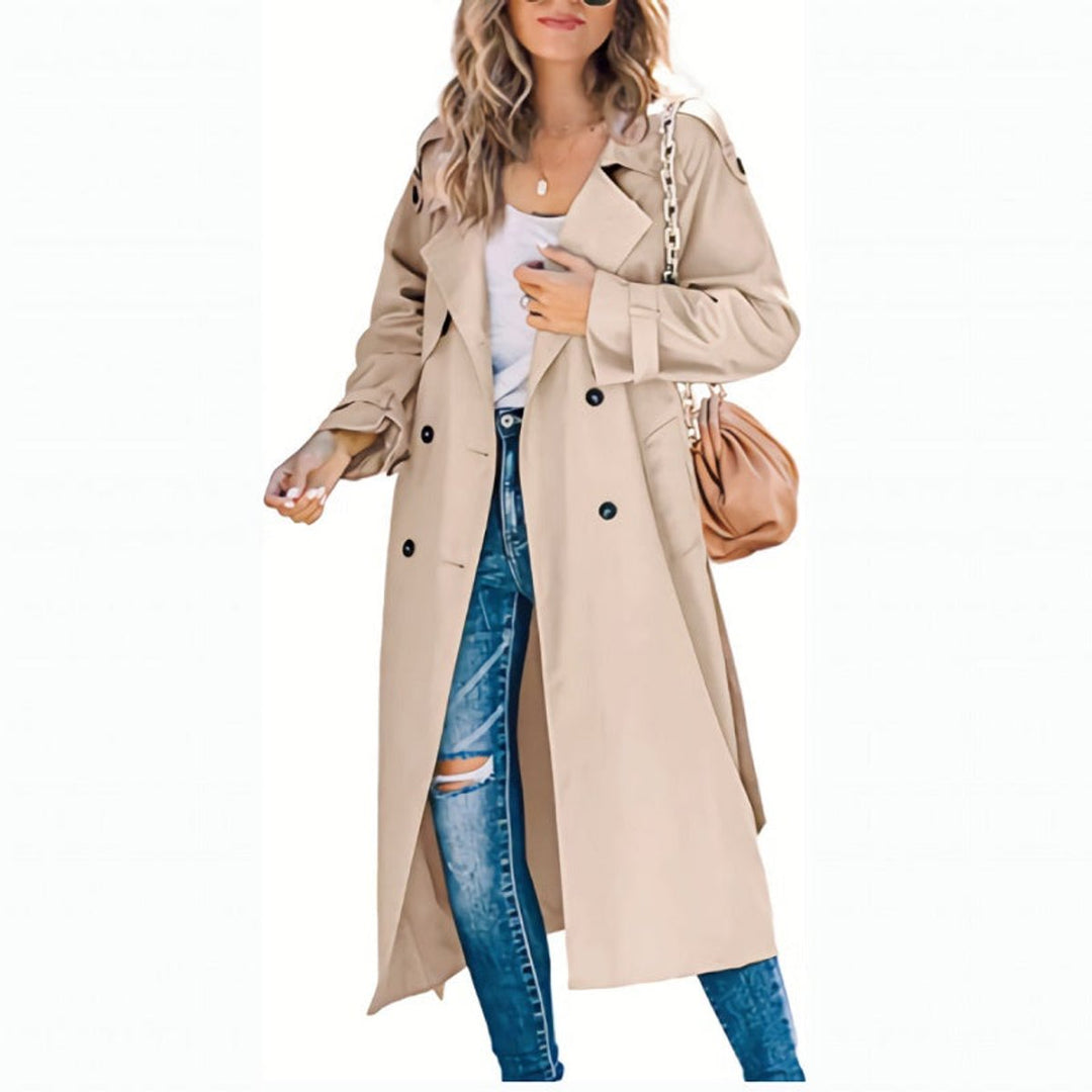 Women's Double-Breasted Longline Trench Coat with Belted Cuffs