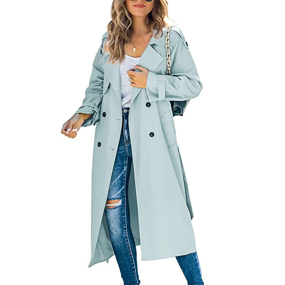 Women's Double-Breasted Longline Trench Coat with Belted Cuffs