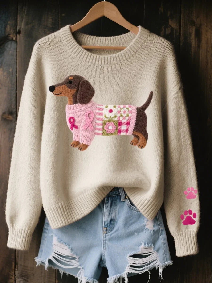 Women's Dachshund Embroidered Crewneck Knit Sweater