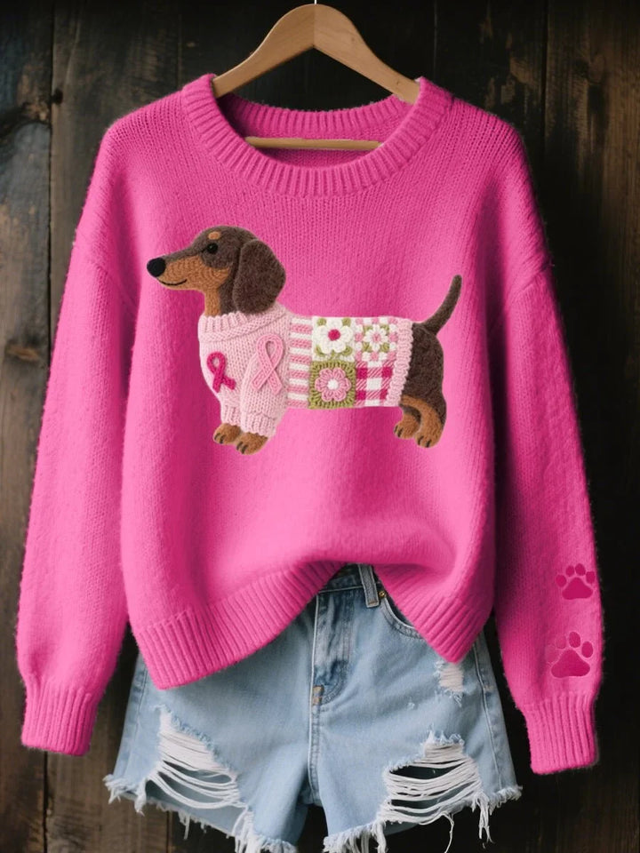 Women's Dachshund Embroidered Crewneck Knit Sweater