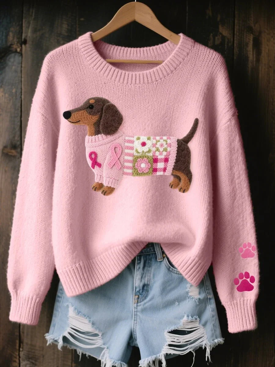 Women's Dachshund Embroidered Crewneck Knit Sweater