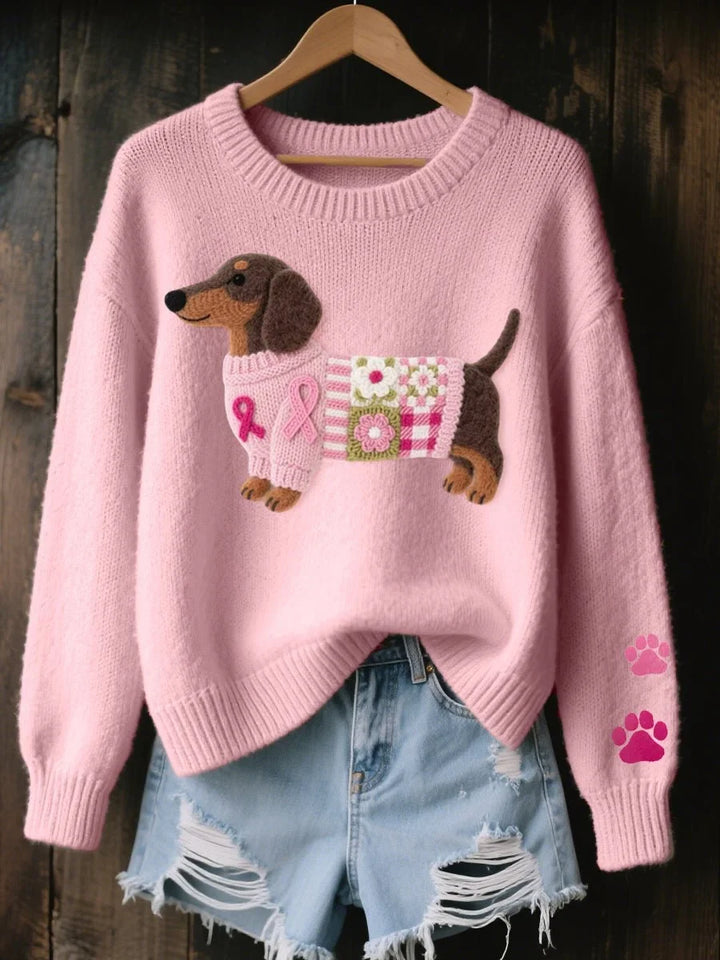 Women's Dachshund Embroidered Crewneck Knit Sweater