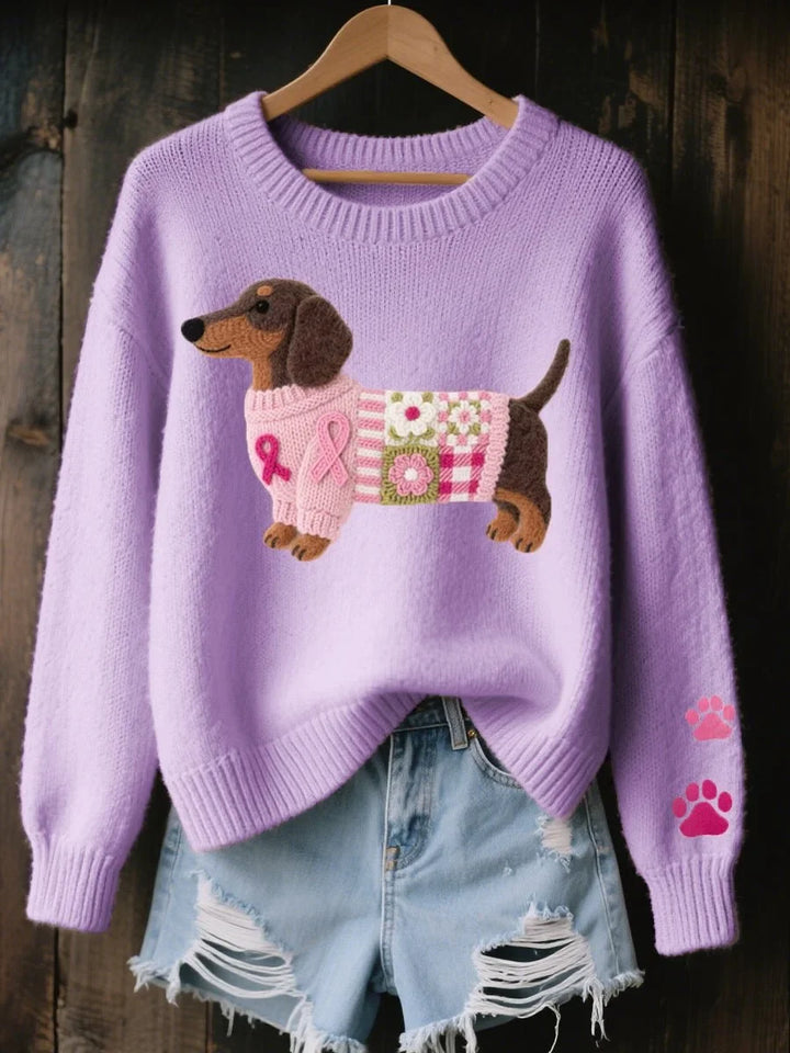 Women's Dachshund Embroidered Crewneck Knit Sweater