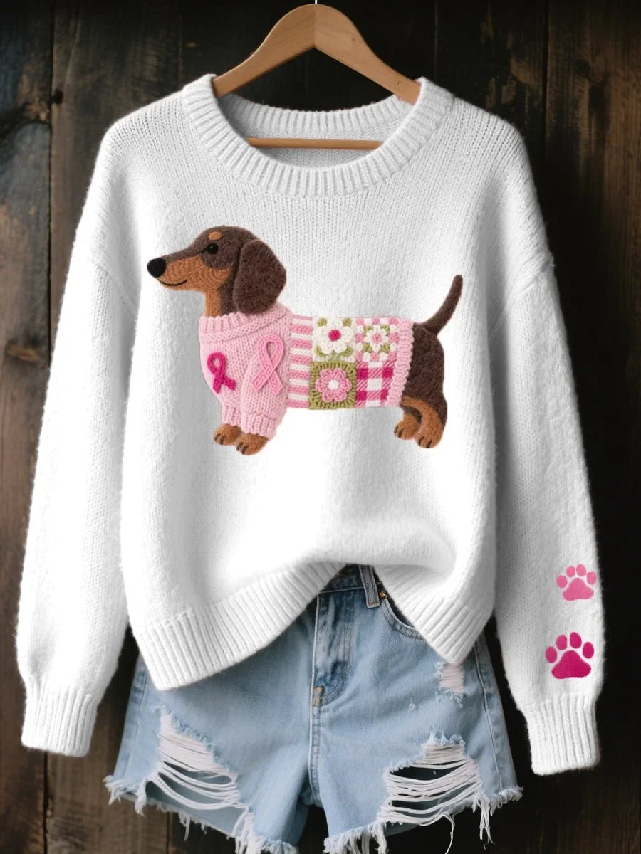 Women's Dachshund Embroidered Crewneck Knit Sweater