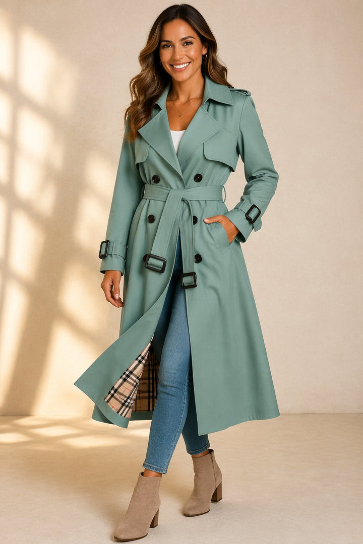 Women's Belted Longline Trench Coat with Buckle Cuffs