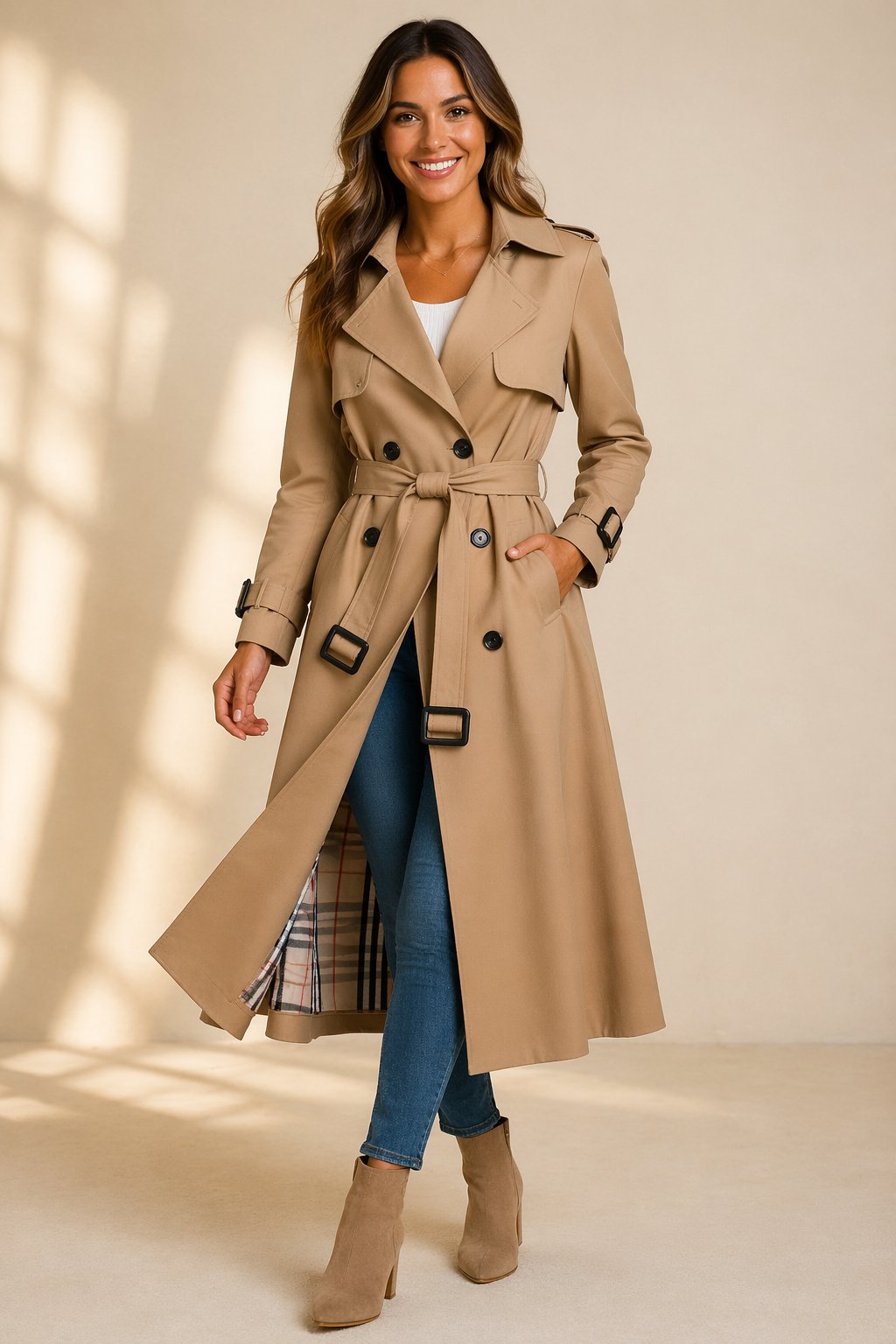 Women's Belted Longline Trench Coat with Buckle Cuffs